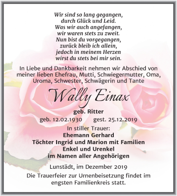Traueranzeige von Wally Einax von Mitteldeutsche Zeitung Merseburg/Querfurt
