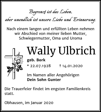 Traueranzeige von Wally Ulbrich von Super Sonntag Merseburg/Querfurt