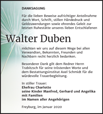 Traueranzeige von Walter Duben von Wochenspiegel Naumburg/Nebra