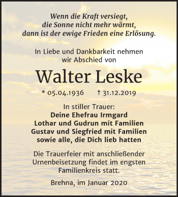 Traueranzeige von Walter Leske von Wochenspiegel Bitterfeld