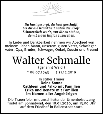 Traueranzeige von Walter Schmalle von Mitteldeutsche Zeitung Quedlinburg