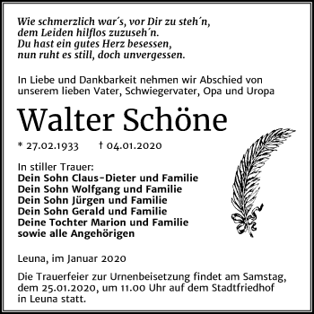 Traueranzeige von Walter Schöne von Mitteldeutsche Zeitung Merseburg/Querfurt