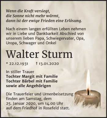 Traueranzeige von Walter Sturm von Mitteldeutsche Zeitung Köthen