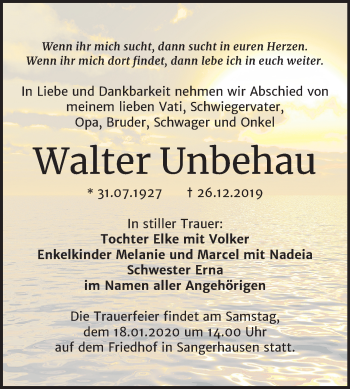 Traueranzeige von Walter Unbehau von Mitteldeutsche Zeitung Sangerhausen