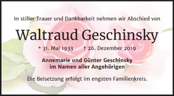 Traueranzeige von Waltraud Geschinsky von Super Sonntag Zeitz