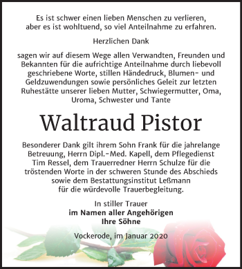 Traueranzeige von Waltraud Pistor von Mitteldeutsche Zeitung Wittenberg