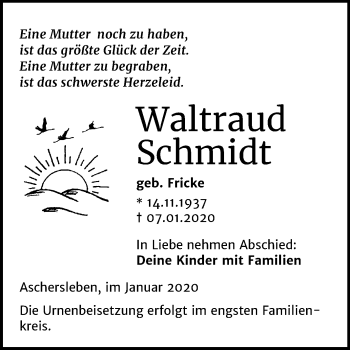 Traueranzeige von Waltraud Schmidt von Super Sonntag Aschersleben