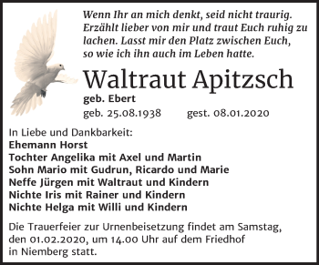 Traueranzeige von Waltraut Apitzsch von Mitteldeutsche Zeitung Halle/Saalkreis