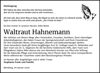 Traueranzeige von Waltraut Hahnemann von Super Sonntag Bernburg