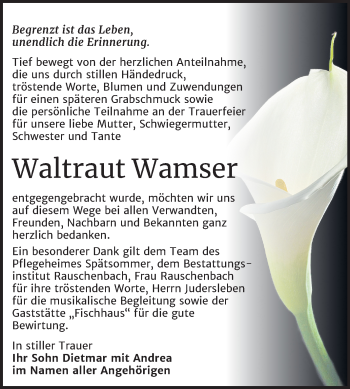 Traueranzeige von Waltraut Wamser von Mitteldeutsche Zeitung Naumburg/Nebra