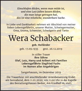Traueranzeige von Wera Schabacker von Mitteldeutsche Zeitung Sangerhausen