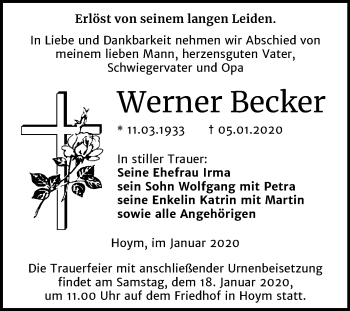 Traueranzeige von Werner Becker von Super Sonntag Aschersleben