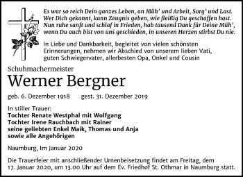 Traueranzeige von Werner Bergner von Mitteldeutsche Zeitung Naumburg/Nebra