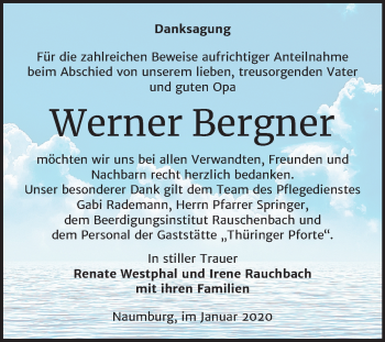 Traueranzeige von Werner Bergner von Mitteldeutsche Zeitung Naumburg/Nebra