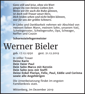 Traueranzeige von Werner Bieler von Mitteldeutsche Zeitung Wittenberg