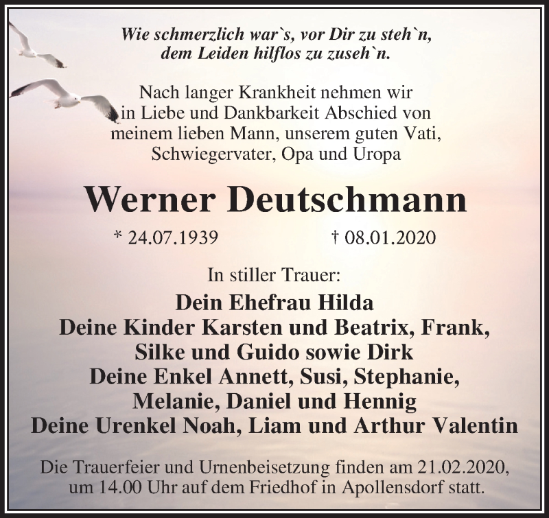  Traueranzeige für Werner Deutschmann vom 18.01.2020 aus Super Sonntag Wittenberg