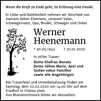 Traueranzeige von Werner Heenemann von Mitteldeutsche Zeitung Köthen