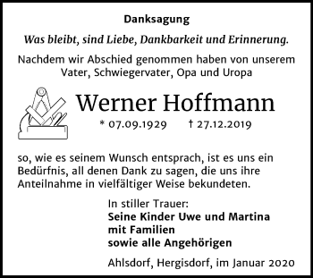 Traueranzeige von Werner Hoffmann von Wochenspiegel Mansfelder Land