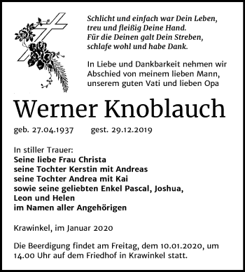 Traueranzeige von Werner Knoblauch von Wochenspiegel Naumburg/Nebra