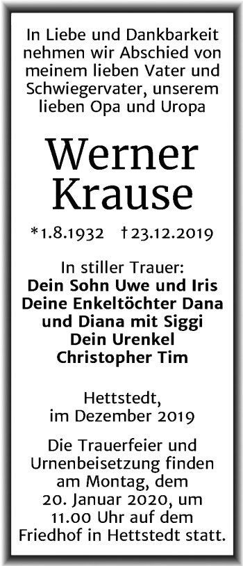 Traueranzeige von Werner Krause von Mitteldeutsche Zeitung Mansfelder Land
