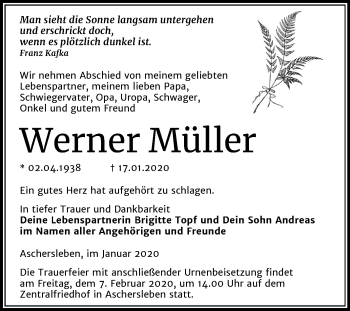 Traueranzeige von Werner Müller von Super Sonntag Aschersleben