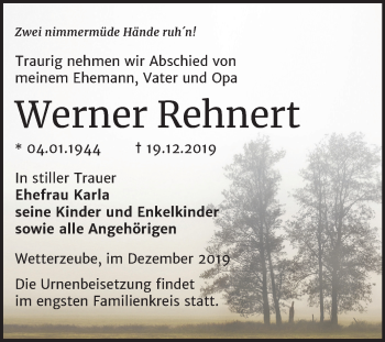 Traueranzeige von Werner Rehnert von Mitteldeutsche Zeitung Zeitz