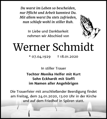 Traueranzeige von Werner Schmidt von Mitteldeutsche Zeitung Bitterfeld