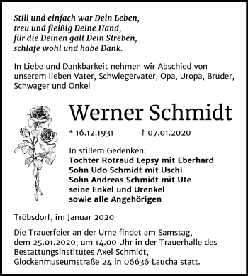 Traueranzeige von Werner Schmidt von Wochenspiegel Naumburg/Nebra