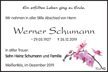 Traueranzeige von Werner Schumann von Wochenspiegel Weißenfels