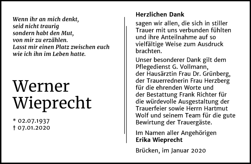  Traueranzeige für Werner Wieprecht vom 25.01.2020 aus Super Sonntag Sangerhausen