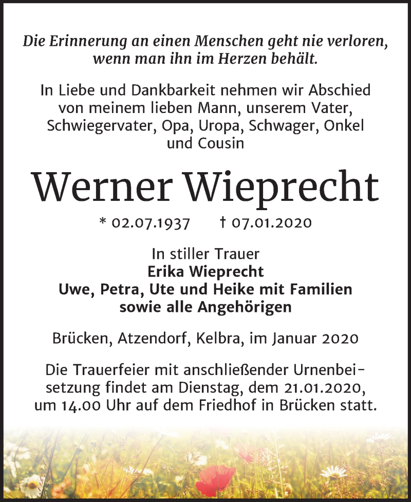  Traueranzeige für Werner Wieprecht vom 18.01.2020 aus Super Sonntag Sangerhausen