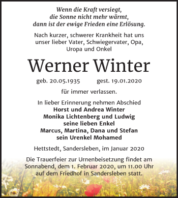Traueranzeige von Werner Winter von Mitteldeutsche Zeitung Mansfelder Land
