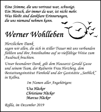 Traueranzeige von Werner Wohlleben von Super Sonntag Sangerhausen