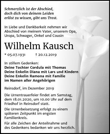Traueranzeige von Wilhelm Kausch von Wochenspiegel Naumburg/Nebra