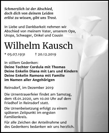 Traueranzeige von Wilhelm Kausch von Mitteldeutsche Zeitung Naumburg/Nebra