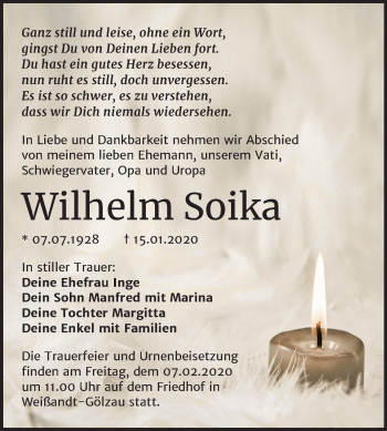 Traueranzeige von Wilhelm Soika von Mitteldeutsche Zeitung Köthen