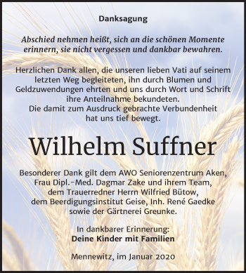 Traueranzeige von Wilhelm Suffner von Mitteldeutsche Zeitung Köthen
