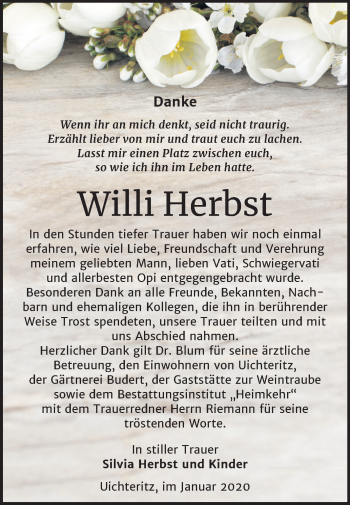 Traueranzeige von Willi Herbst von Wochenspiegel Weißenfels