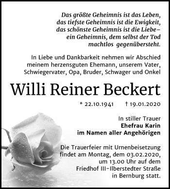Traueranzeige von Willi Reiner Beckert von Super Sonntag Bernburg