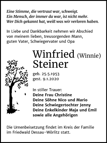 Traueranzeige von Winfried Steiner von Mitteldeutsche Zeitung Köthen