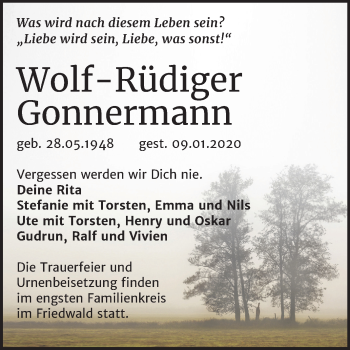 Traueranzeige von Wolf-Rüdiger Gonnermann von Super Sonntag Sangerhausen