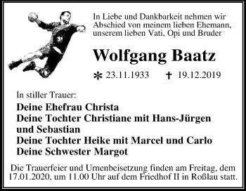 Traueranzeige von Wolfgang Baatz von Super Sonntag Dessau-Roßlau