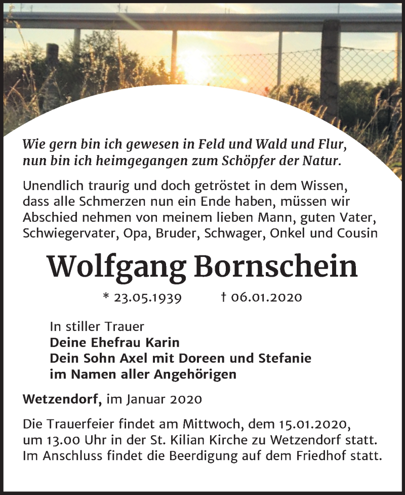  Traueranzeige für Wolfgang Bornschein vom 11.01.2020 aus Super Sonntag Naumburg/Nebra
