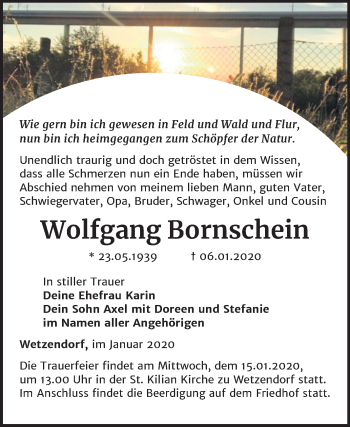 Traueranzeige von Wolfgang Bornschein von Super Sonntag Naumburg/Nebra