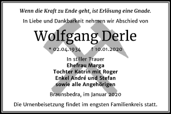 Traueranzeige von Wolfgang Derle von Mitteldeutsche Zeitung Merseburg/Querfurt
