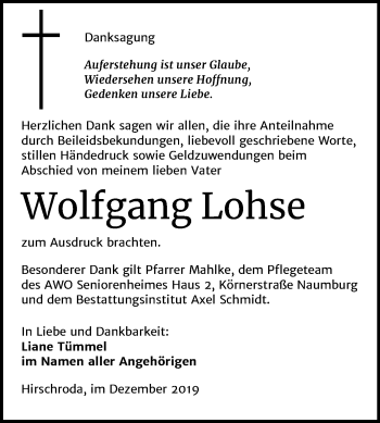 Traueranzeige von Wolfgang Lohse von Wochenspiegel Naumburg/Nebra