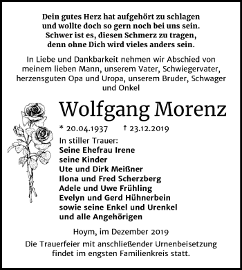 Traueranzeige von Wolfgang Morenz von Mitteldeutsche Zeitung Aschersleben