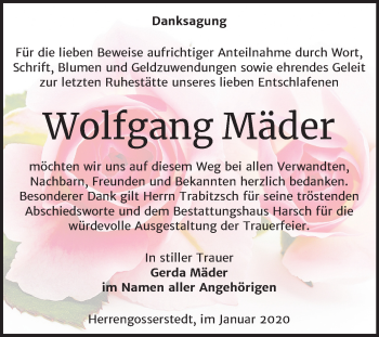 Traueranzeige von Wolfgang Mäder von Mitteldeutsche Zeitung Naumburg/Nebra