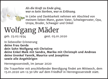 Traueranzeige von Wolfgang Mäder von Mitteldeutsche Zeitung Naumburg/Nebra