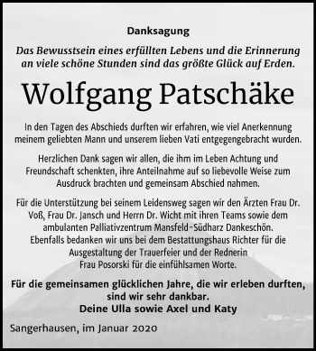 Traueranzeige von Wolfgang Patschäke von Super Sonntag Sangerhausen